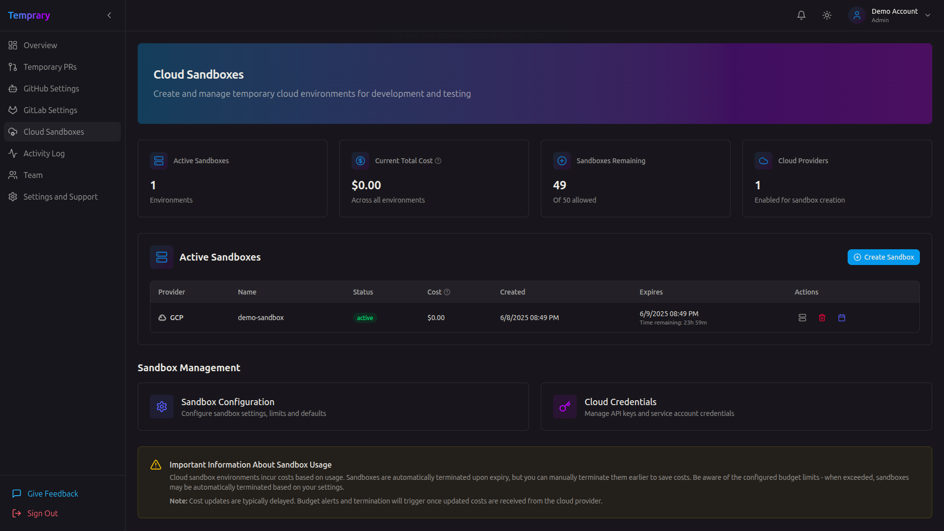 Cloud Sandbox Management UI